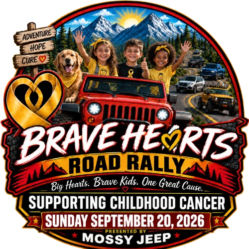 Brave Hearts Road Rally logo — supporting childhood cancer, Sunday September 20, 2026, presented by Mossy Jeep