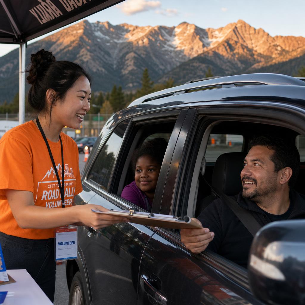 Volunteer in a City to Summit Road Rally Volunteer shirt handing a clipboard to a driver at a checkpoint
