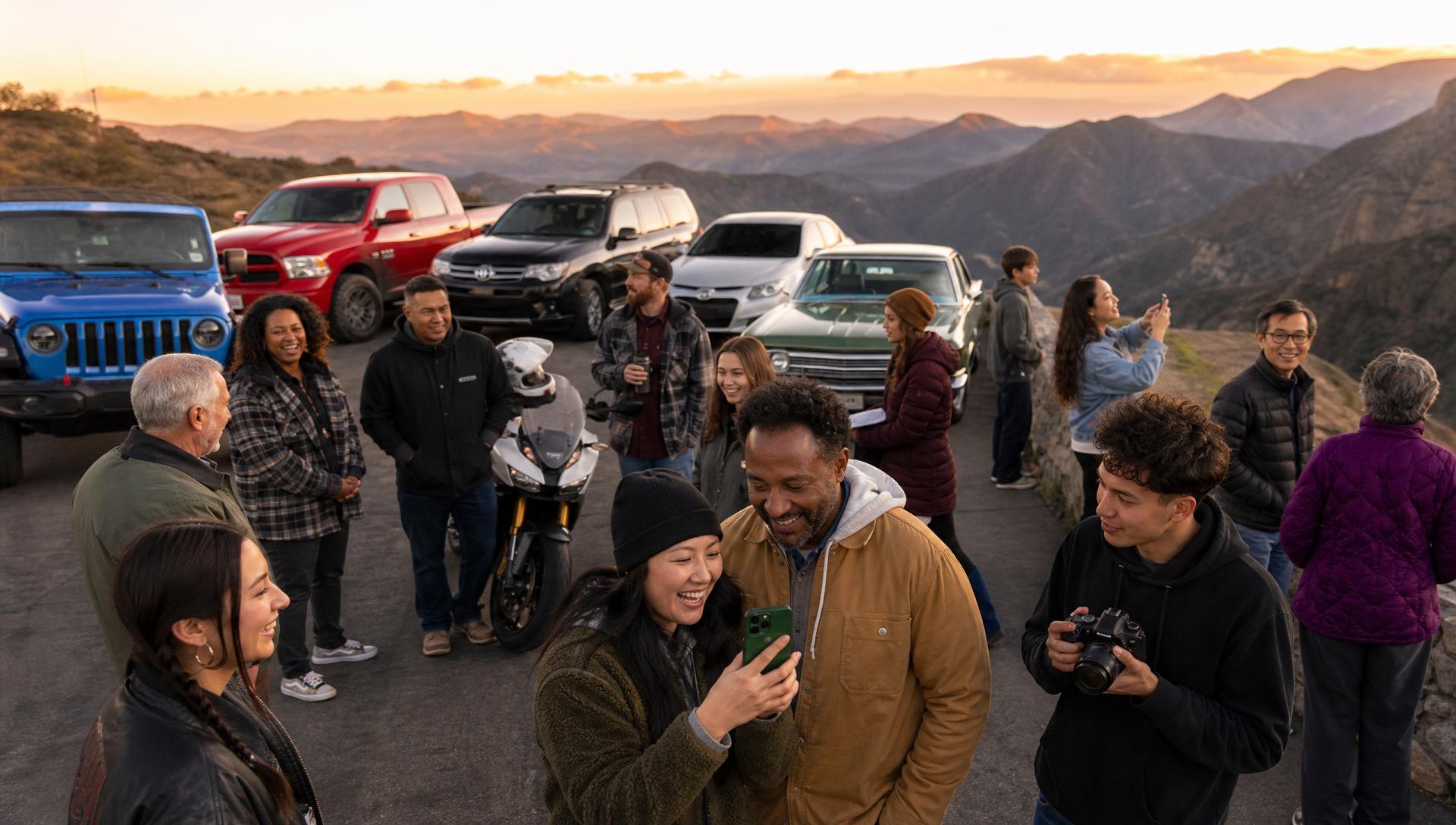 Line-up of diverse street-legal vehicles at a scenic overlook — cars, SUVs, trucks, motorcycles and a Jeep