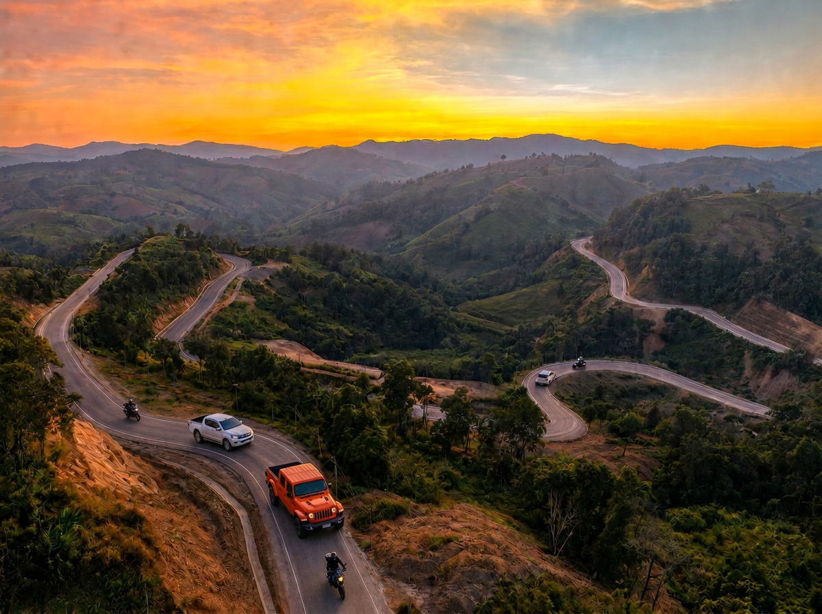 A winding backcountry road climbing toward the mountains at sunset